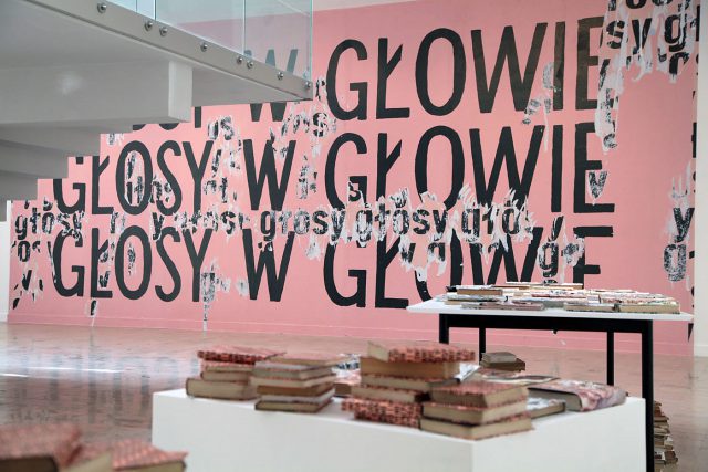 Jadwiga Sawicka / Głosy w głowie, instalacja tekstowa, tło dźwiękowe: Andrzej Juszczyk, 2017